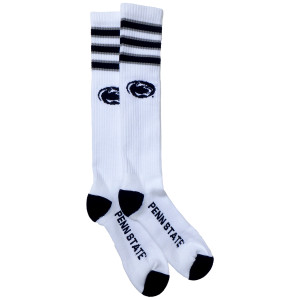 white tube socks with navy and gray stripes, Athletic Logo, and Penn State